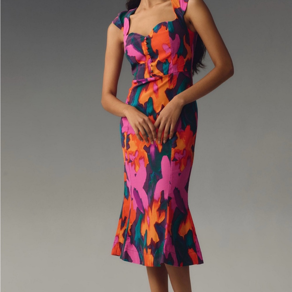 Anthropologie Pink and Orange Sheath Dress Square Neck Midi